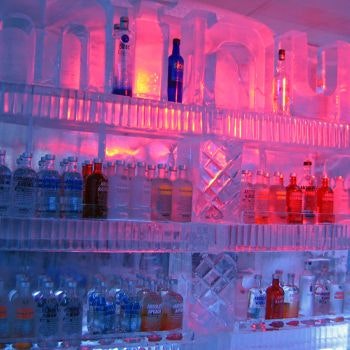 Ice shelves stocked with vodka bottles