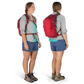 Two angles of a woman wearing the Red Osprey Daylite Backpack (Front on and behind)