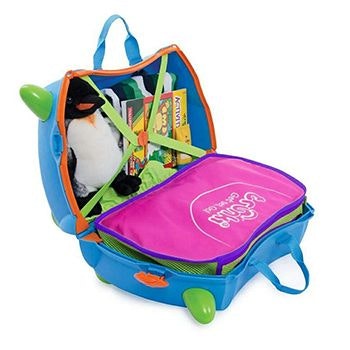Open Trunki Ride On Suitcase filled with childrens belongings