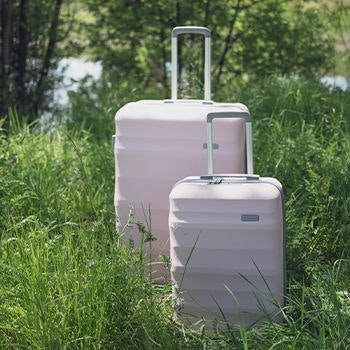 Dusty Pink Luna Air 2 suitcases in a grass field 