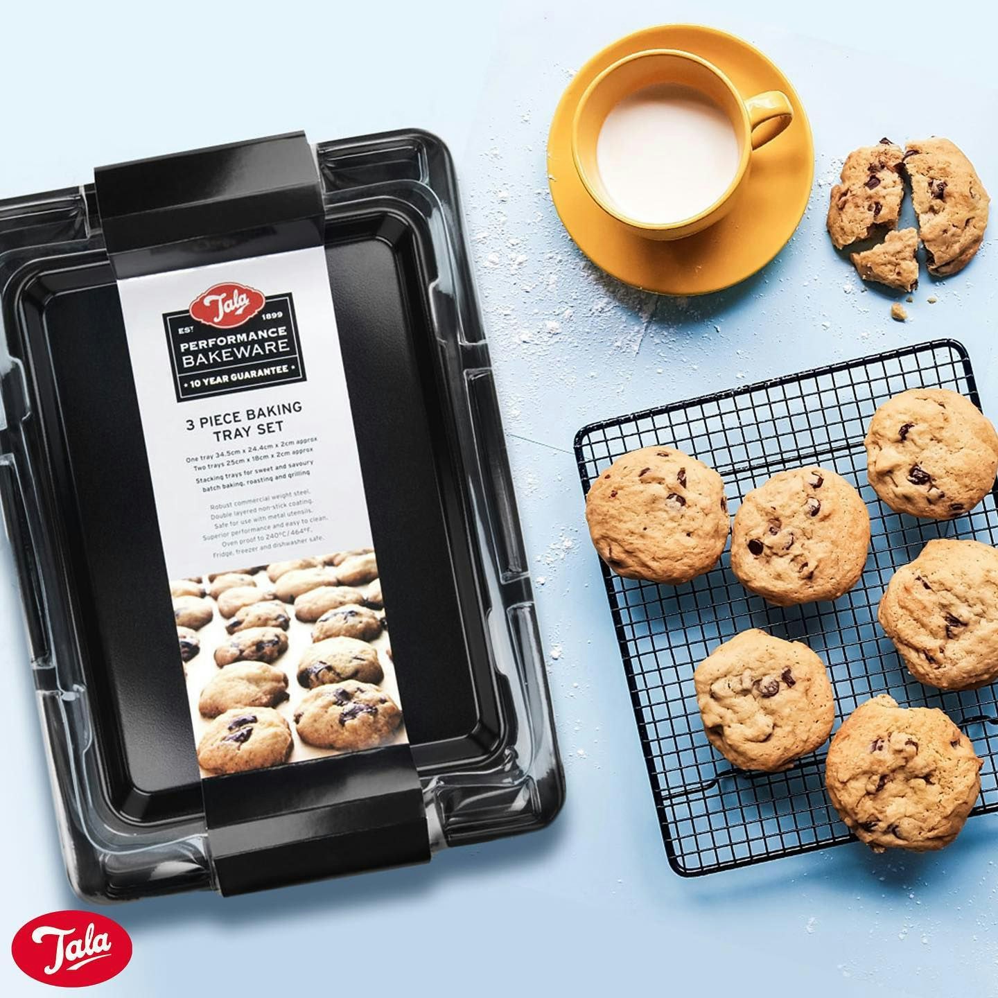baking tray from Tala with cookies and a mug of milk